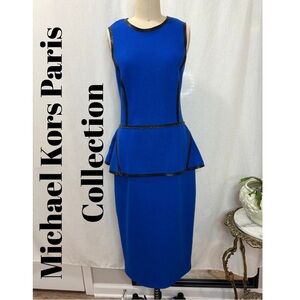 Michael Kors Collection Paris Royal Blue Peplum Sheath Dress Black Trim MidiSz10